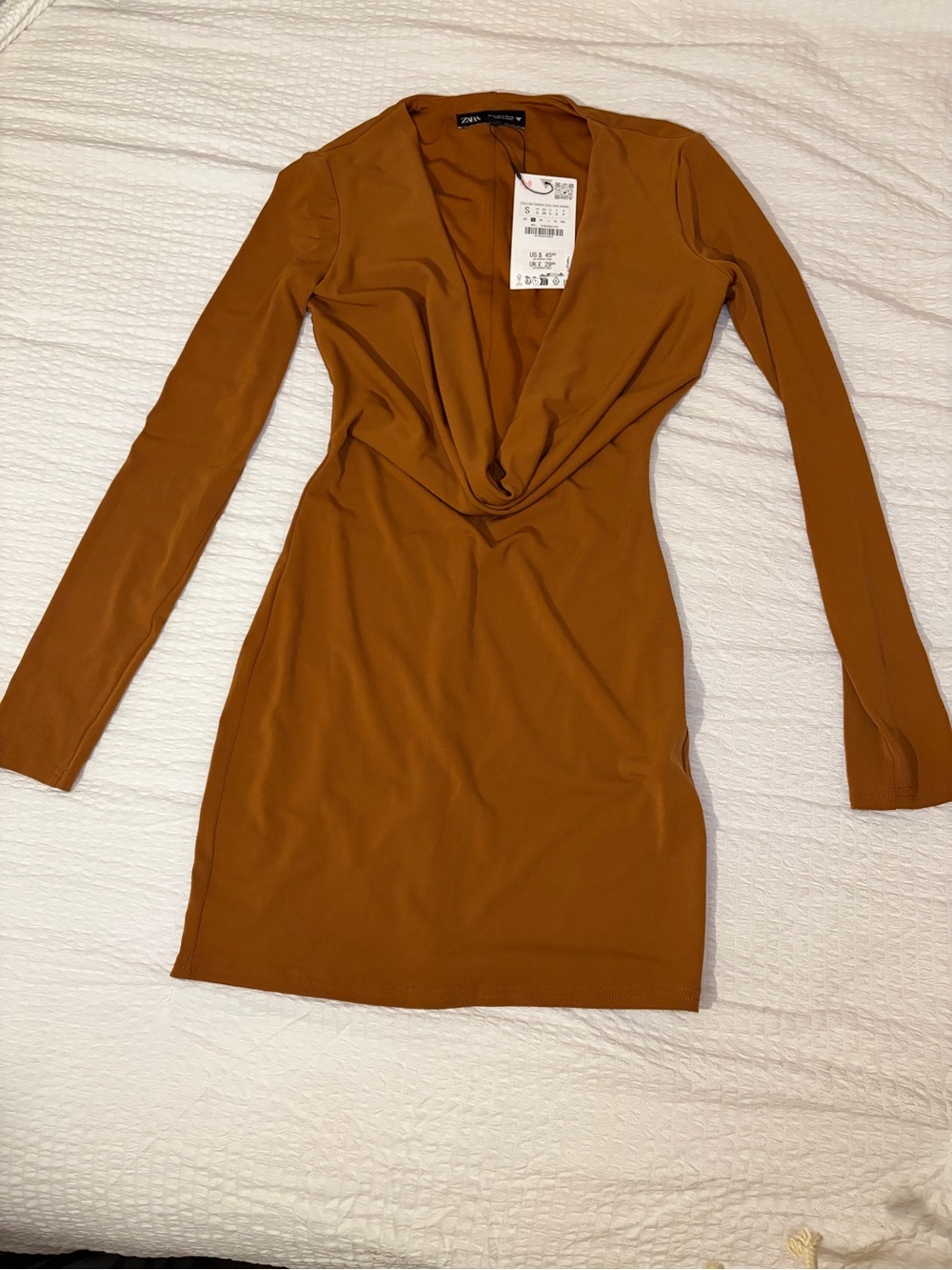 Zara Rust-Orange Drape Front Long-Sleeve Mini Dress